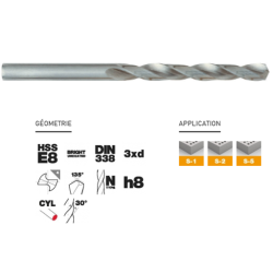 Foret à métaux LAZER HSS-E8 cobalt 8% Ø5,00mm Queue cylindrique affûtage pointe 135°
