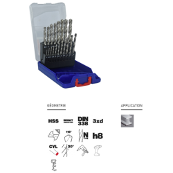 Coffret de 19 forets à métaux rectifiés HSS Ø1 à 10mm Queue cylindrique pointe en croix