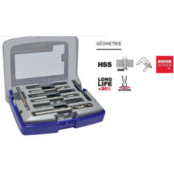 Coffret de 8 pièces 4 tarauds HSS GUN M4 à M8 + 4 forets HSS extra courts taillés meulés pointe en croix