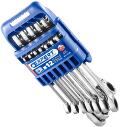 JEU DE 12 CLES MIXTES A CLIQUET EXPERT 8-19mm sur rack de rangement